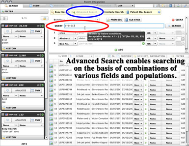 Combine words and phrases from fields such as applicant, inventor, patent categories, and other areas to find the patent. Also calculation features of the search results, suitable for professional use as well.